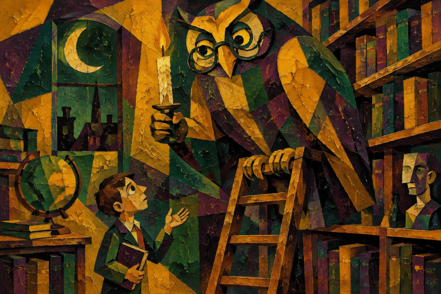 A giant owl in glasses holds a candle in a library as a boy with a book looks up