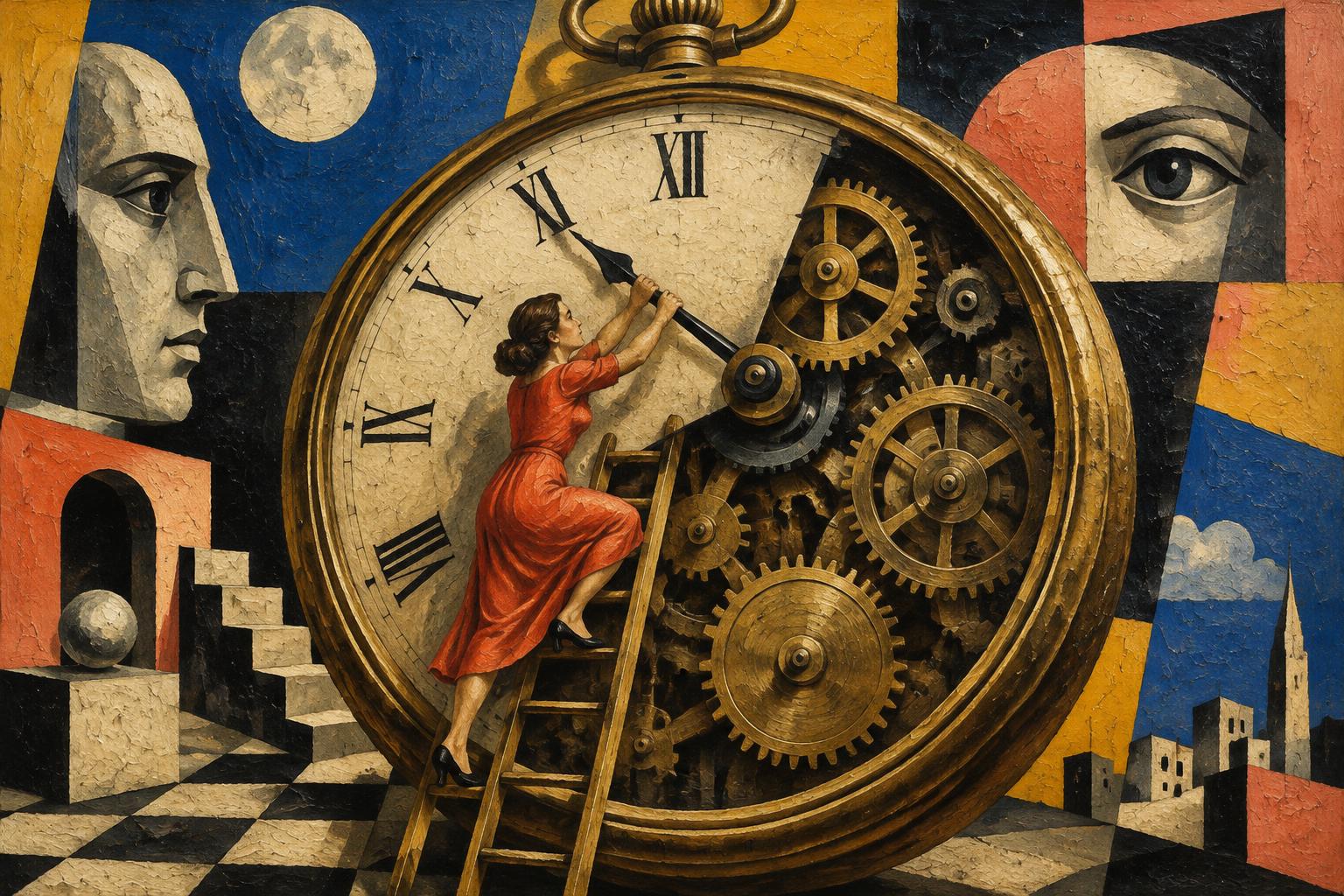 A woman in red climbs a ladder to move the hands of a giant pocket watch