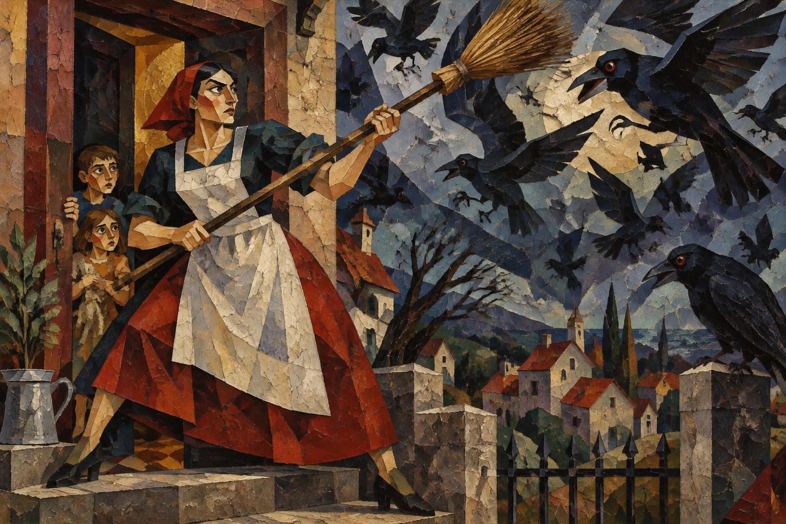 A woman in an apron sweeps a storm of crows away from her doorway with a broom, children behind her