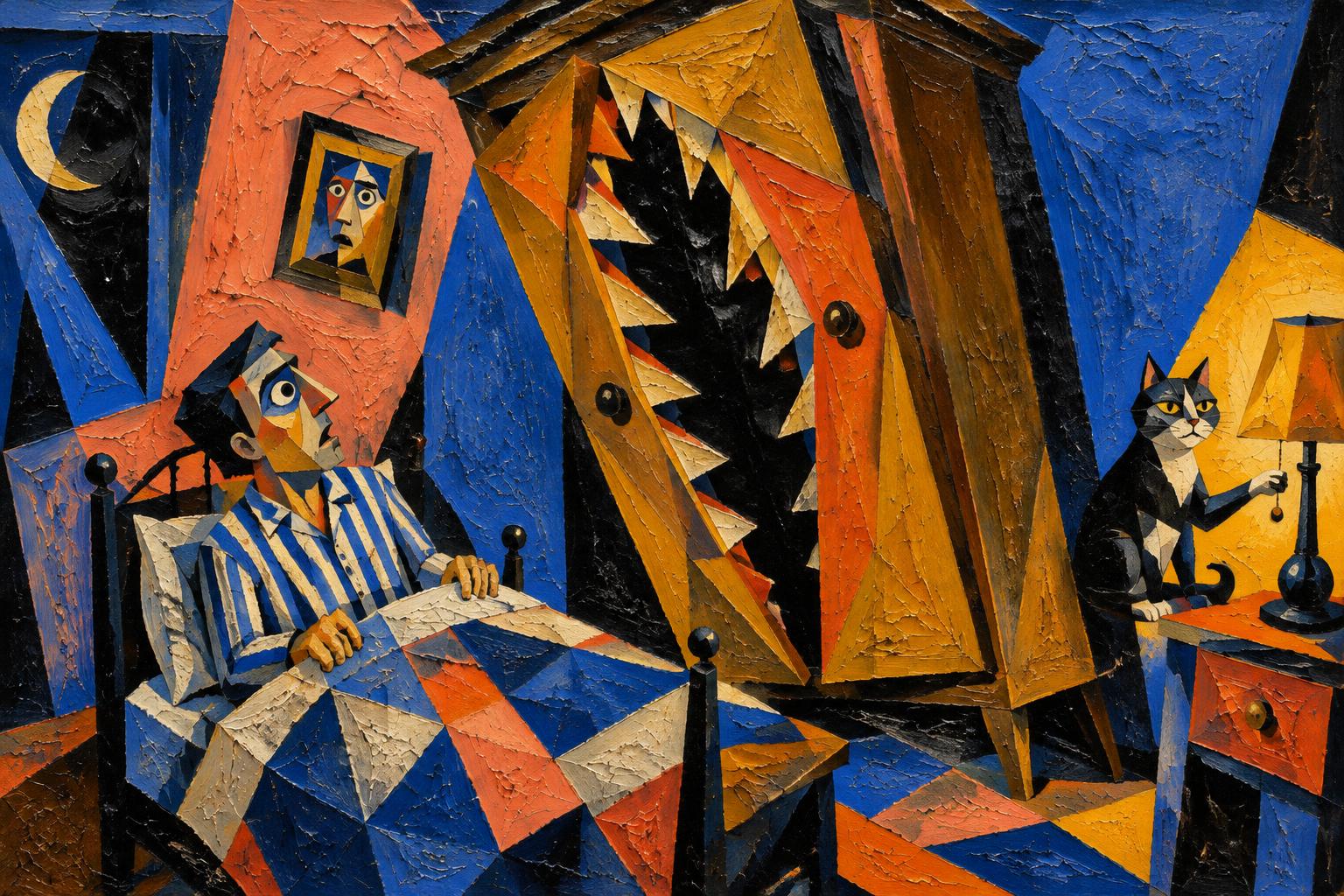 A man in striped pyjamas sits up in bed as his wardrobe opens like a mouth full of teeth, a cat switching on the lamp