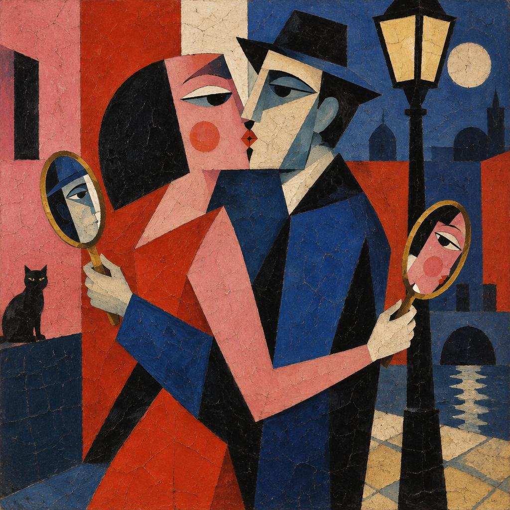 A couple kiss under a streetlamp, each holding a hand mirror that shows a different face