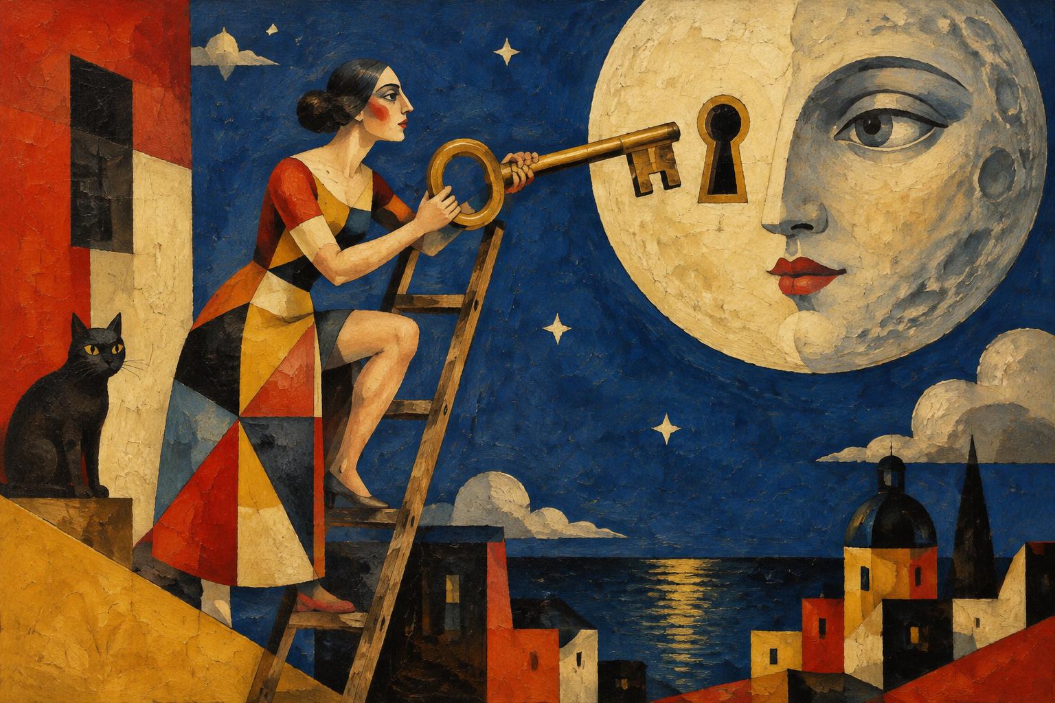A woman on a ladder puts a giant golden key into a keyhole in the moon's face, a black cat below