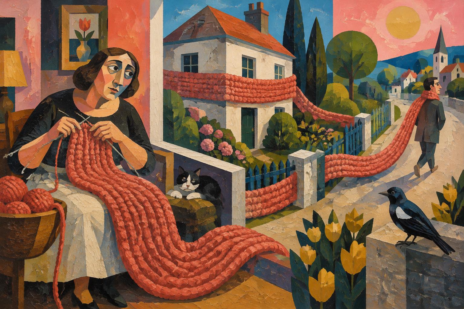 A mother knits a long red scarf that winds out of the garden gate after her grown son
