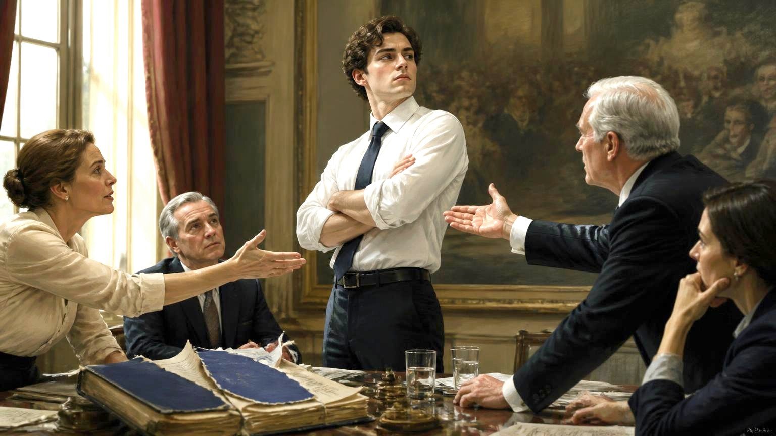 A young man stands with folded arms refusing an outstretched hand of agreement above a torn rule book