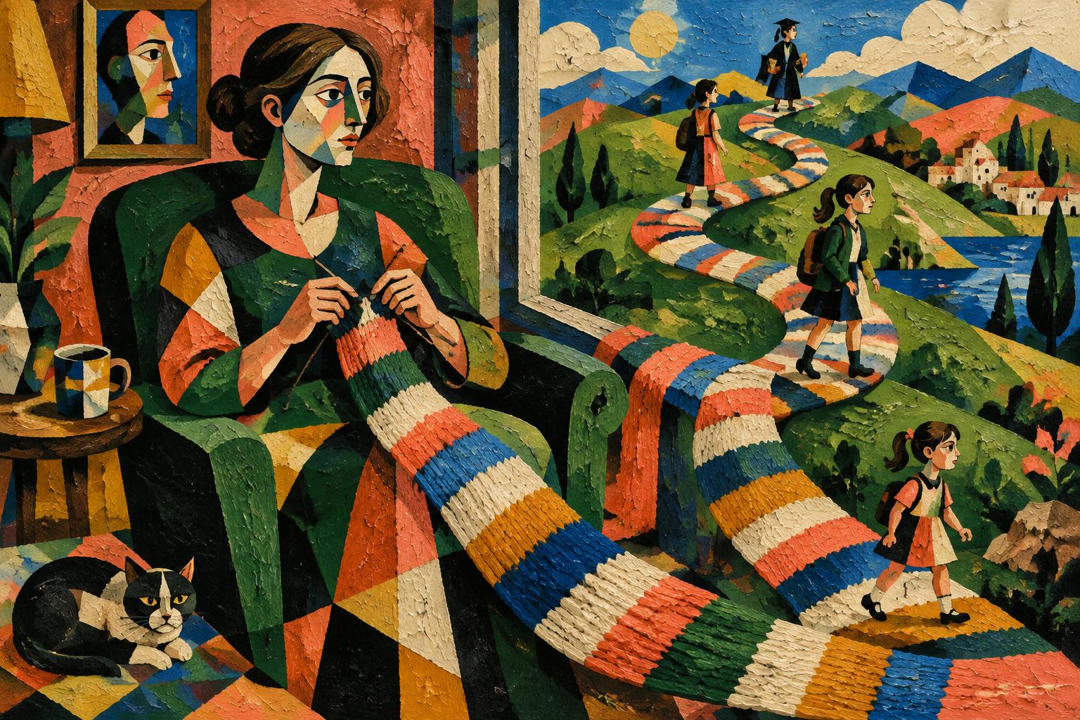 Painting of a woman knitting a long striped scarf that unrolls into a winding road walked by a girl with a satchel, a cat asleep at her feet
