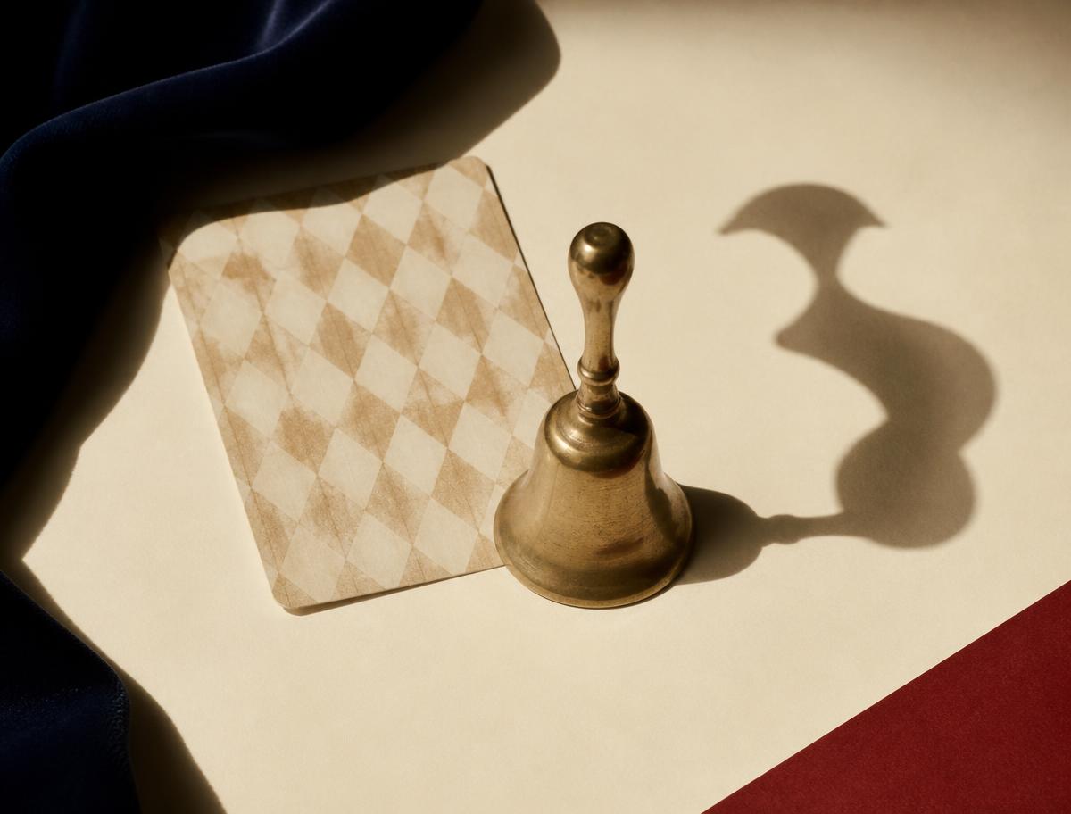 A brass bell and harlequin card casting a shadow that doesn't match them