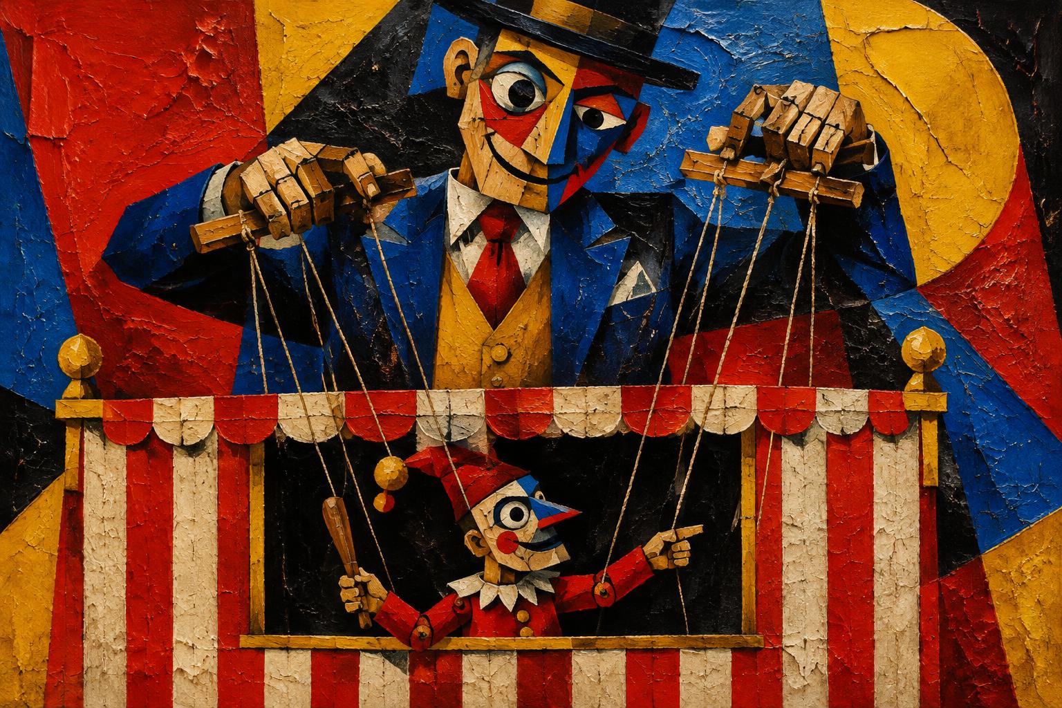 Painting of a marionette working its own strings
