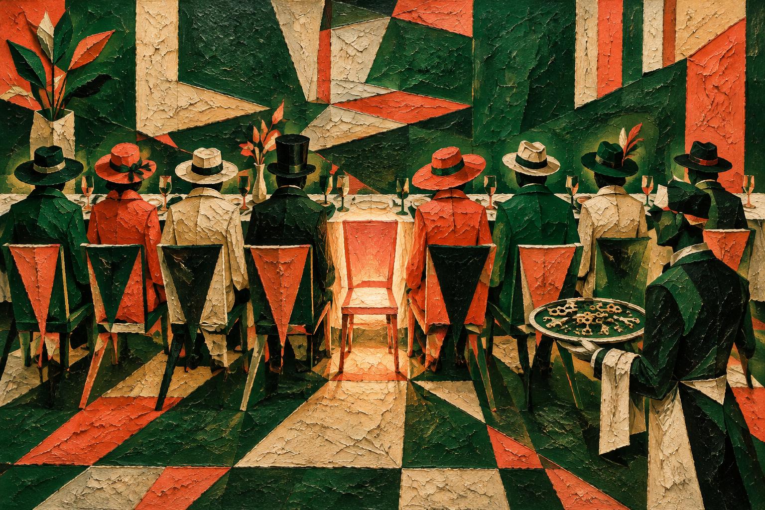 Painting of a dinner party seen from behind, with one glowing empty chair