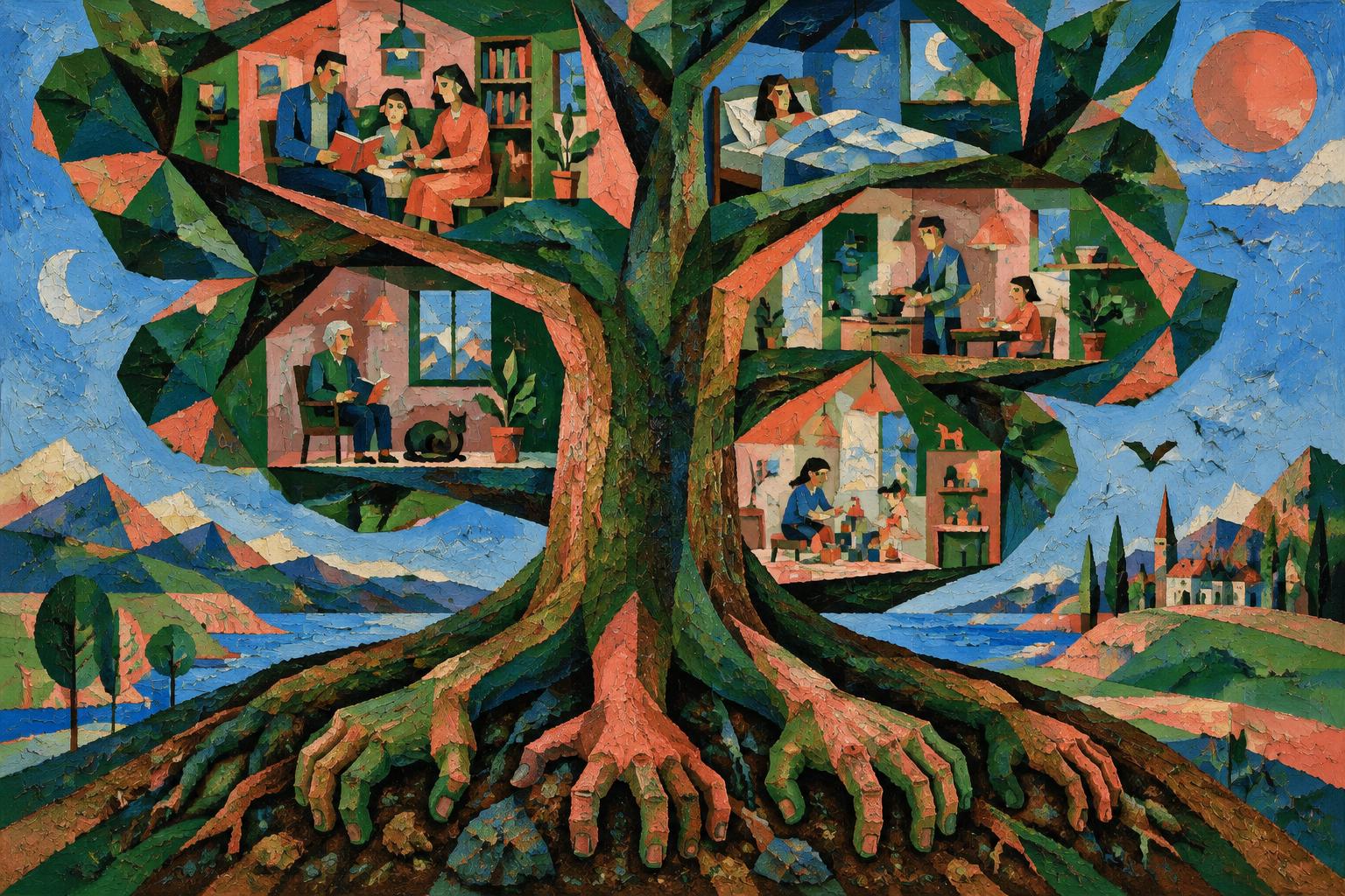A great tree whose branches hold rooms of family life, its roots like hands gripping the earth