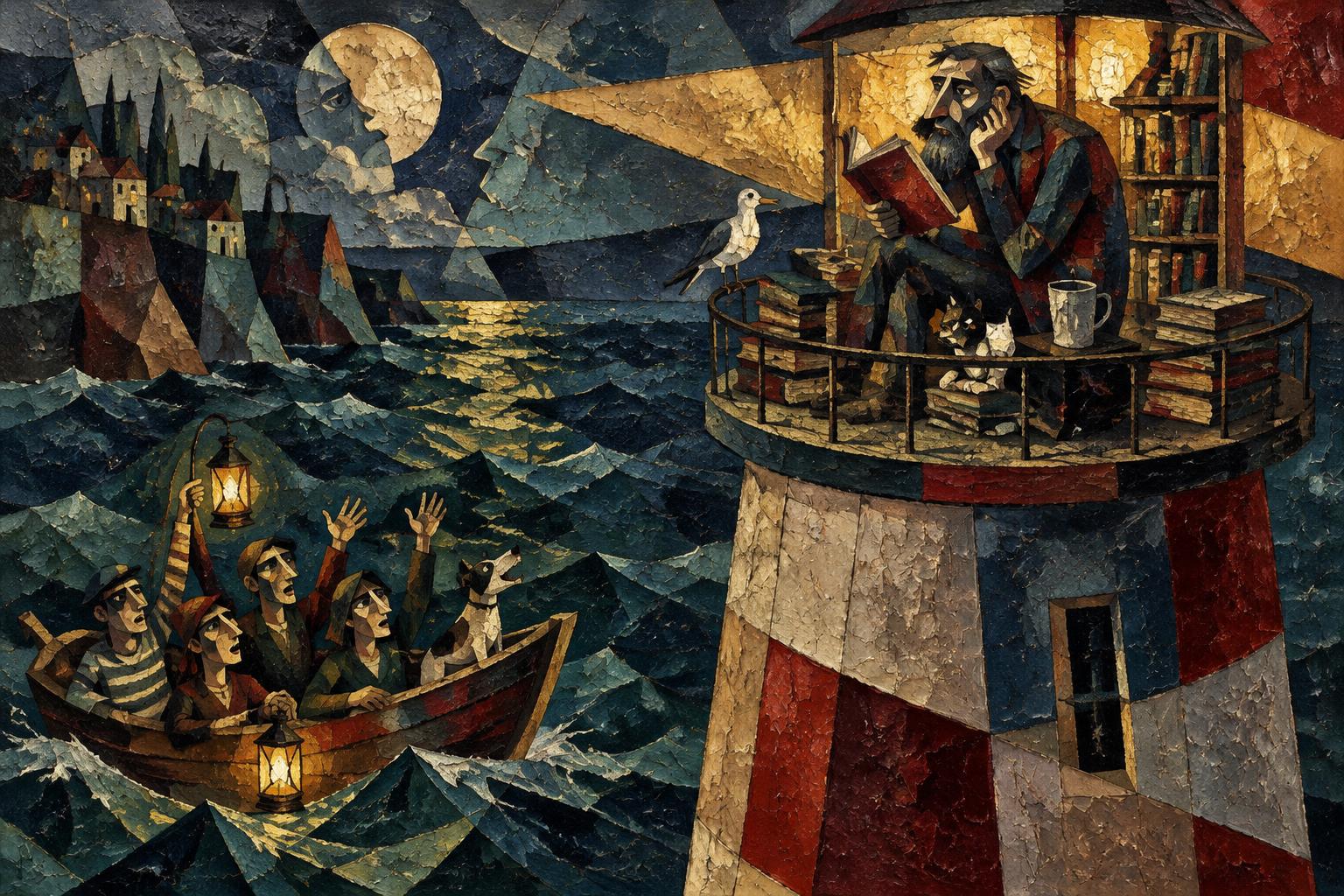 An old scholar reads in the lamplit top of a lighthouse while a small boat struggles in the waves below