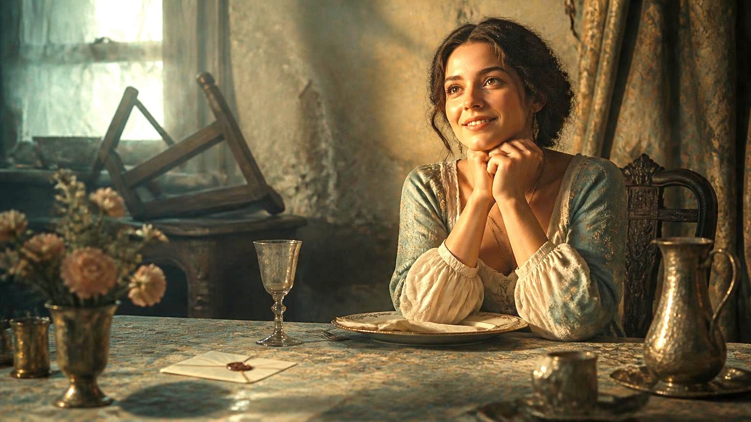 A hopeful woman waits smiling at a table set for a guest, an unopened letter and an overturned chair behind her