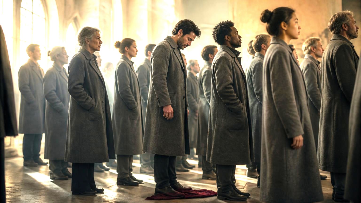A man lowers his head in a line of townspeople in matching grey coats, his own burgundy scarf fallen at his feet