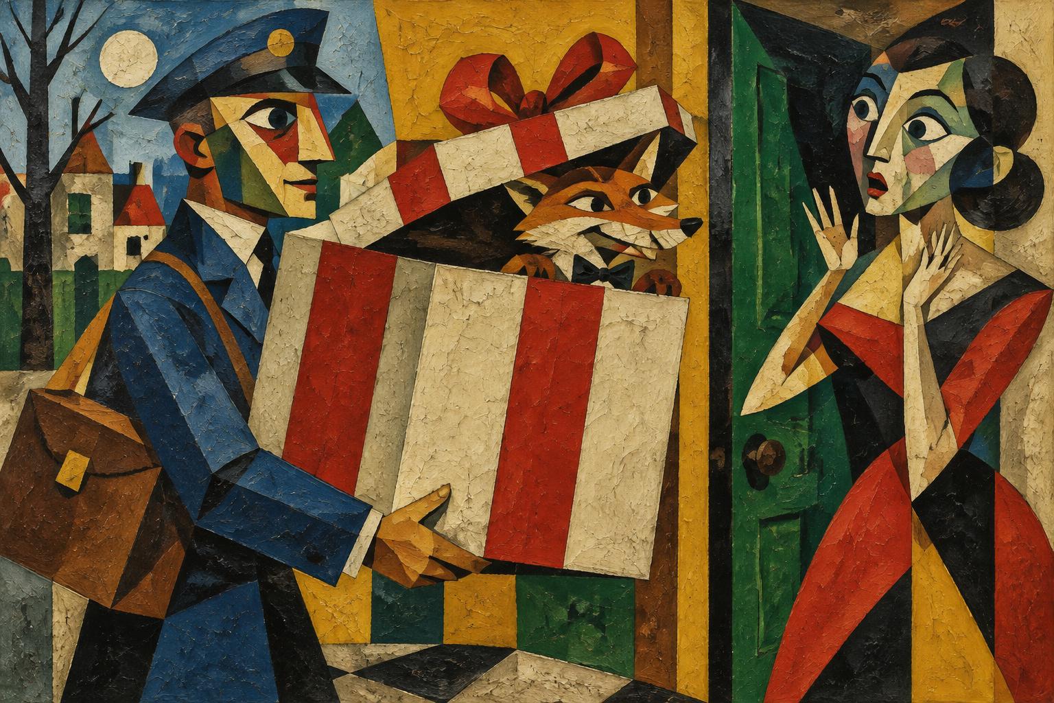 A postman hands over a striped gift box with a fox peeping out, while a startled woman raises her hands