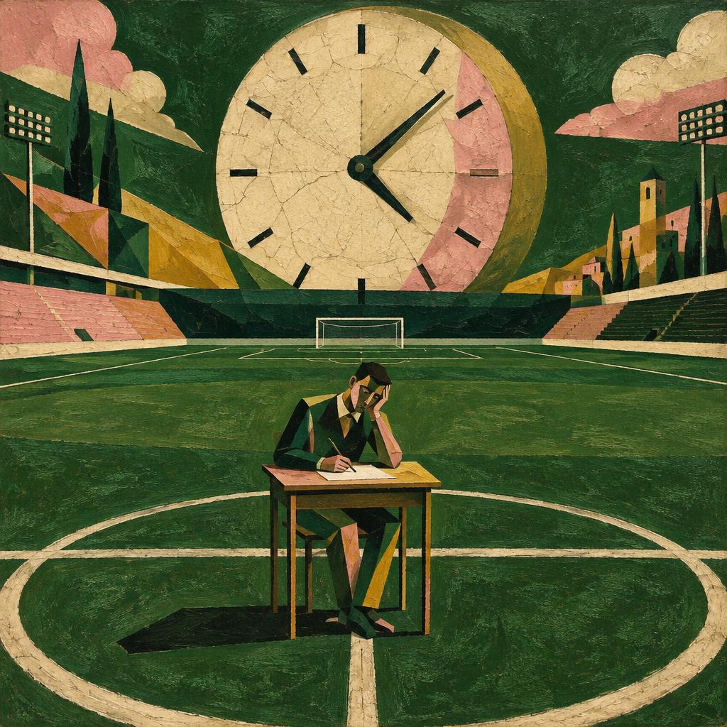 A man sits alone at a school desk in the middle of a football pitch under a giant clock