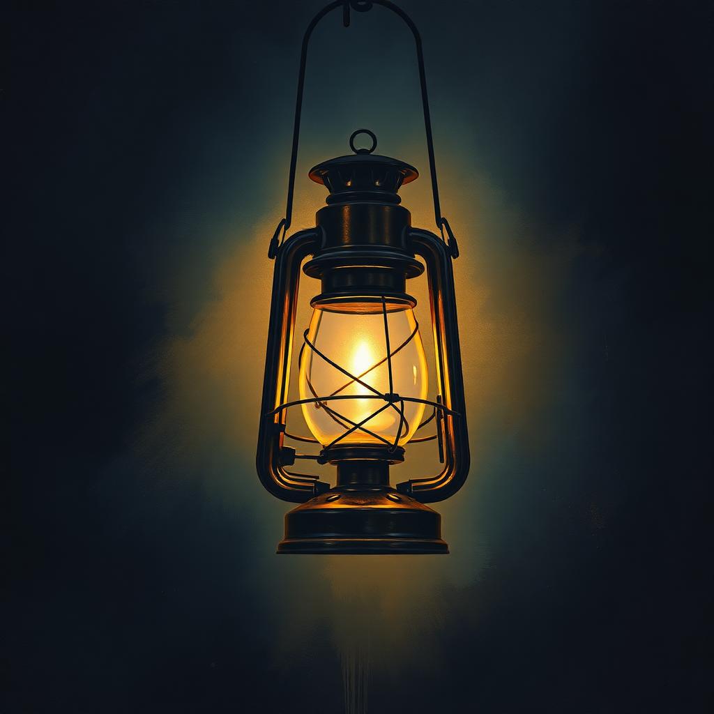 A brass lantern lit on a wooden table at dusk