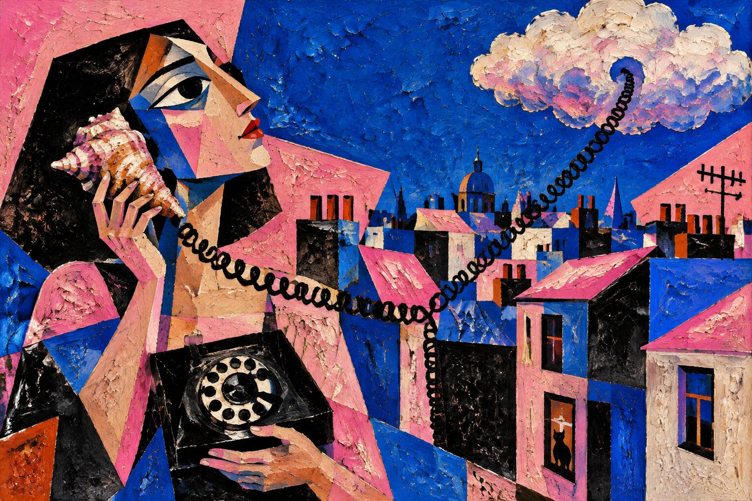 A woman listens to a seashell receiver whose telephone cord stretches across the rooftops to a cloud