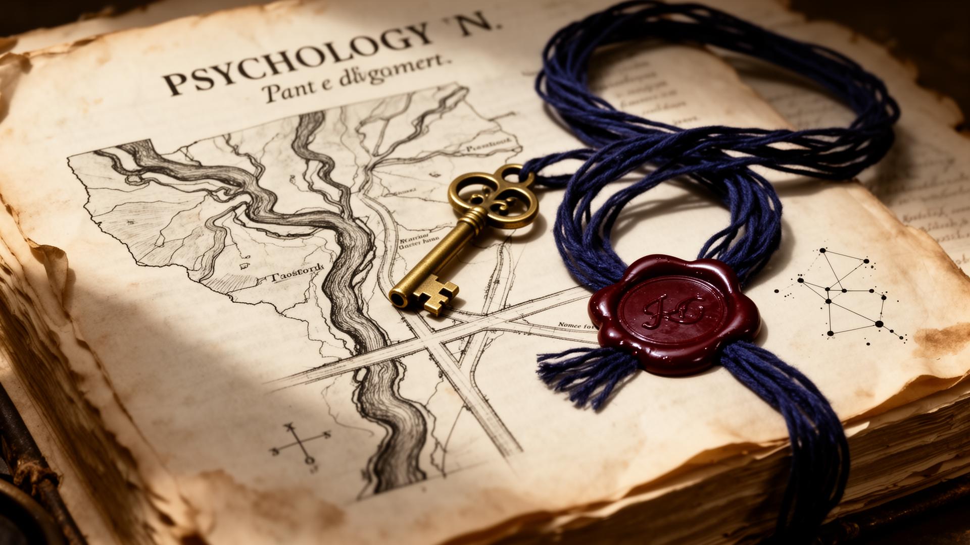 An aged manuscript with a hand-drawn map fragment, brass key, indigo silk thread and oxblood wax seal — the cartography of a personal mythology.