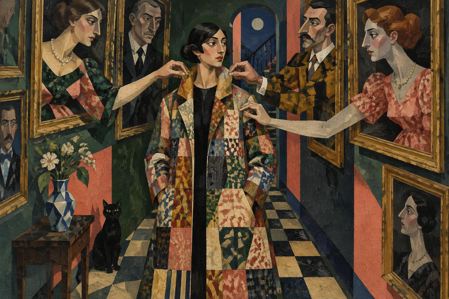 A woman stands in a hallway of family portraits as hands reach out of the frames to dress her in a patchwork coat