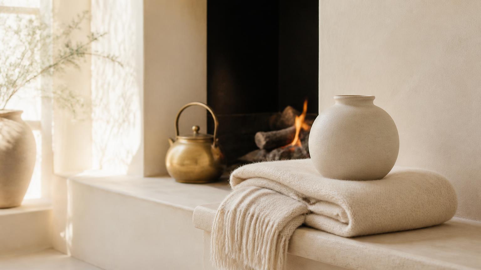 A pale ceramic vessel and folded wool blanket beside a lit hearth