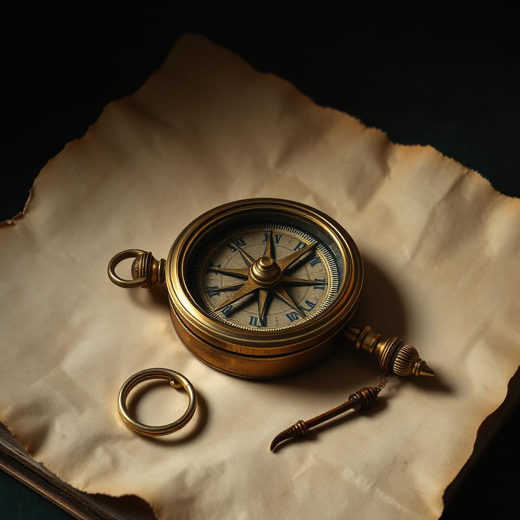 A brass compass resting on cream paper in soft light