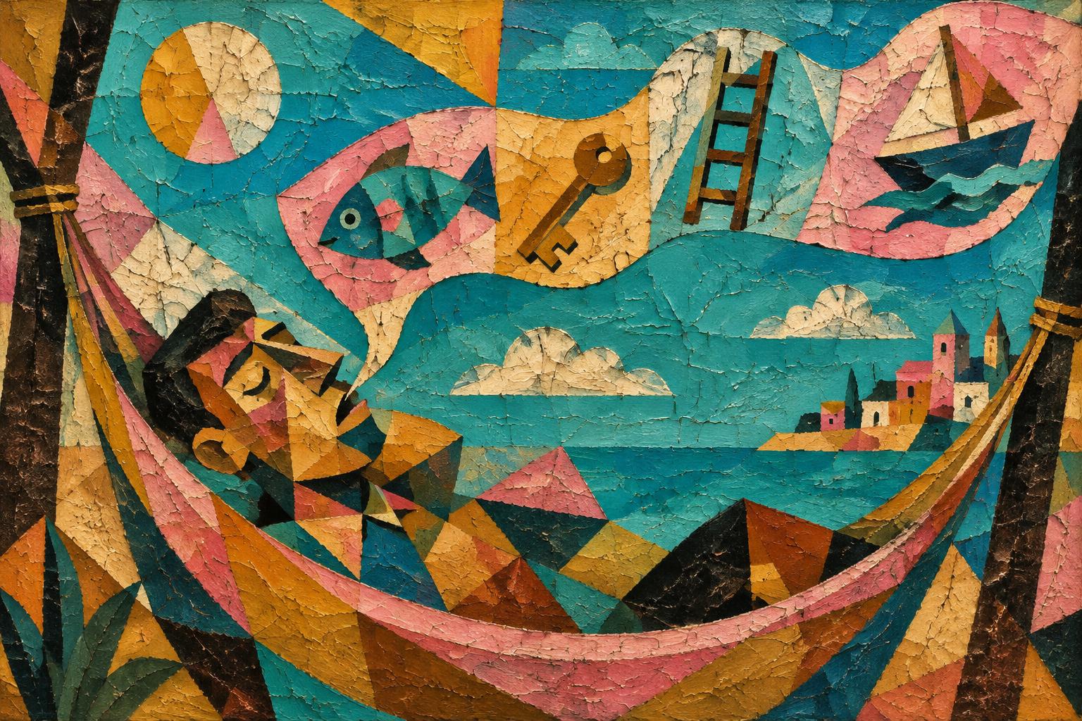 Painting of a sleeper in a hammock dreaming in strings of symbols