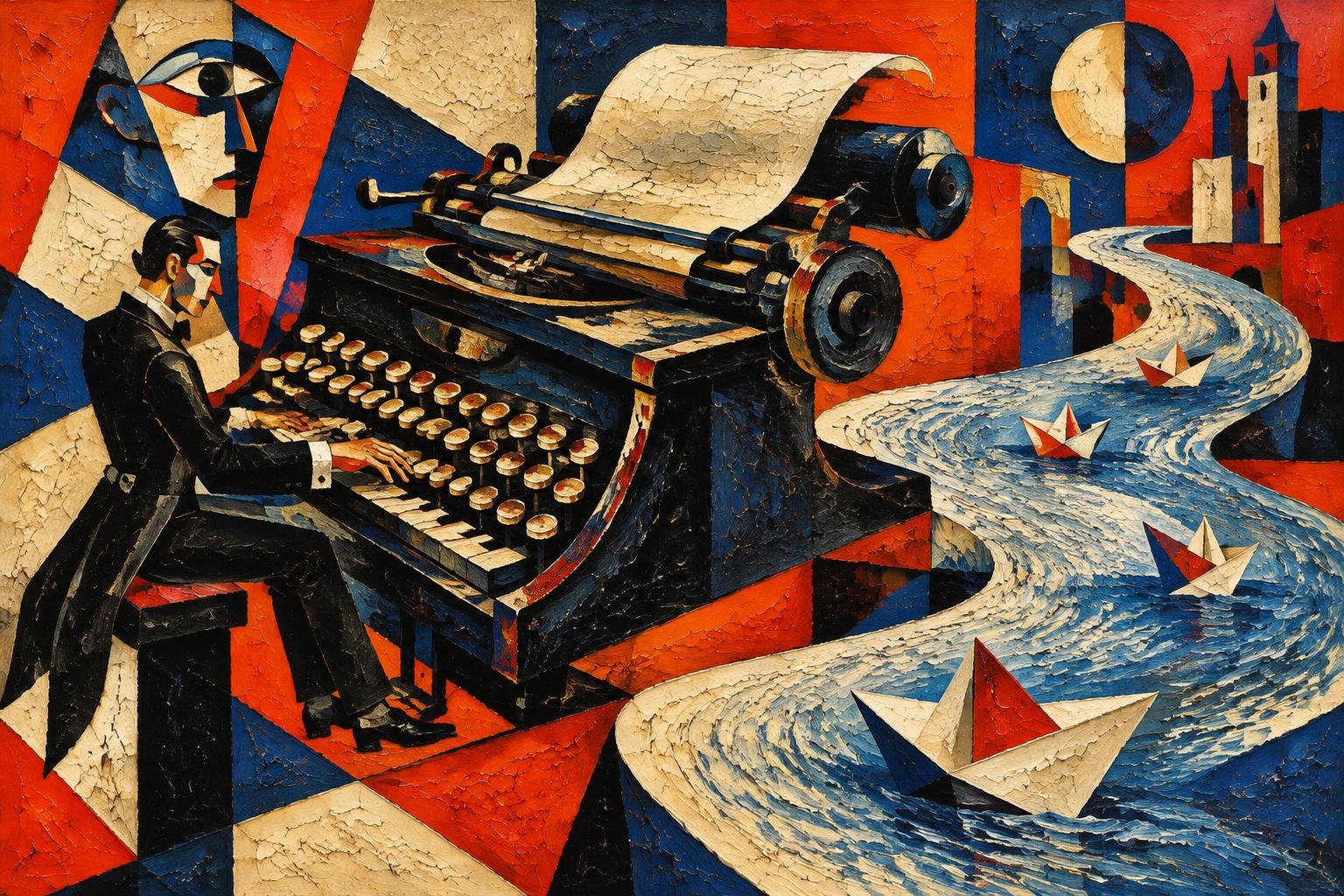 Painting of a pianist playing a typewriter as big as a grand piano