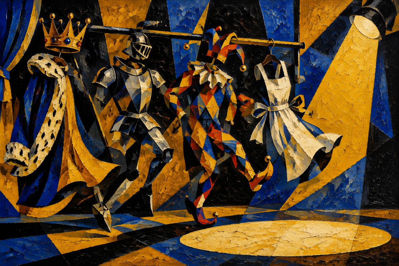Painting of theatre costumes on a rail moving as if worn by invisible people