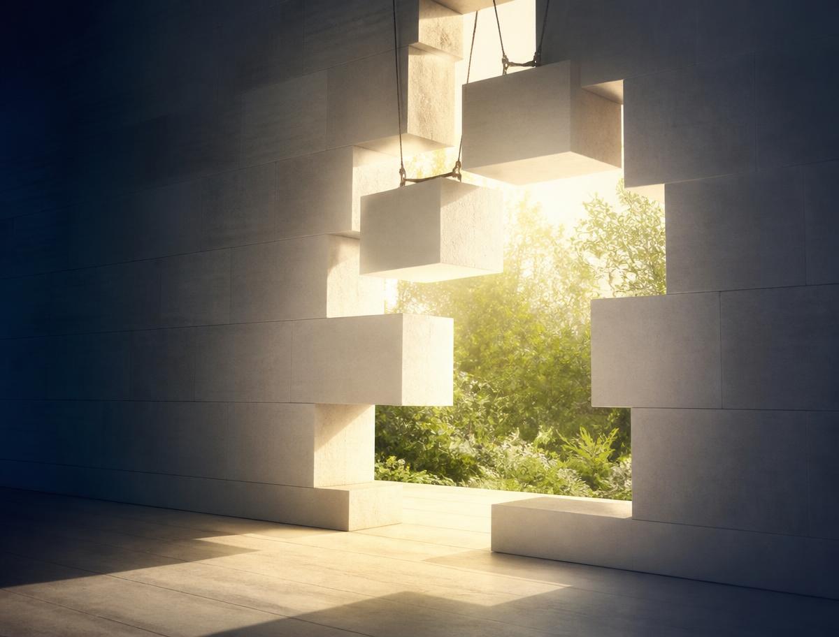 Stone blocks lifted out of a wall, opening onto sunlight and green growth
