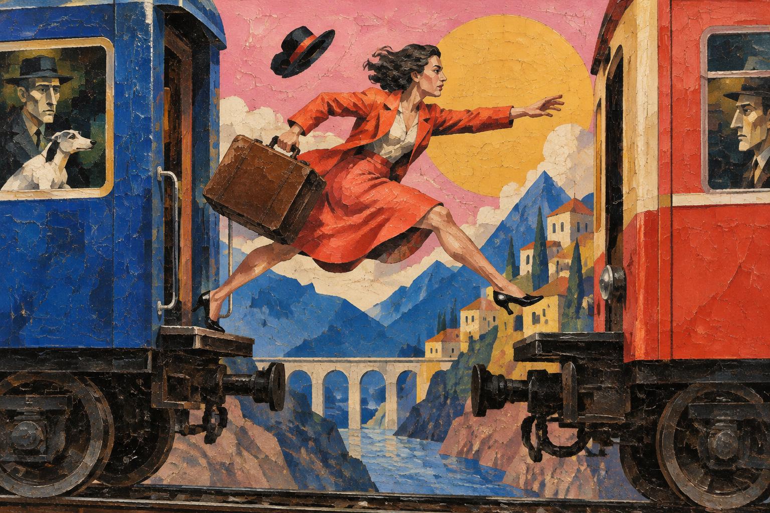 A woman with a suitcase leaps between two railway carriages above a mountain valley