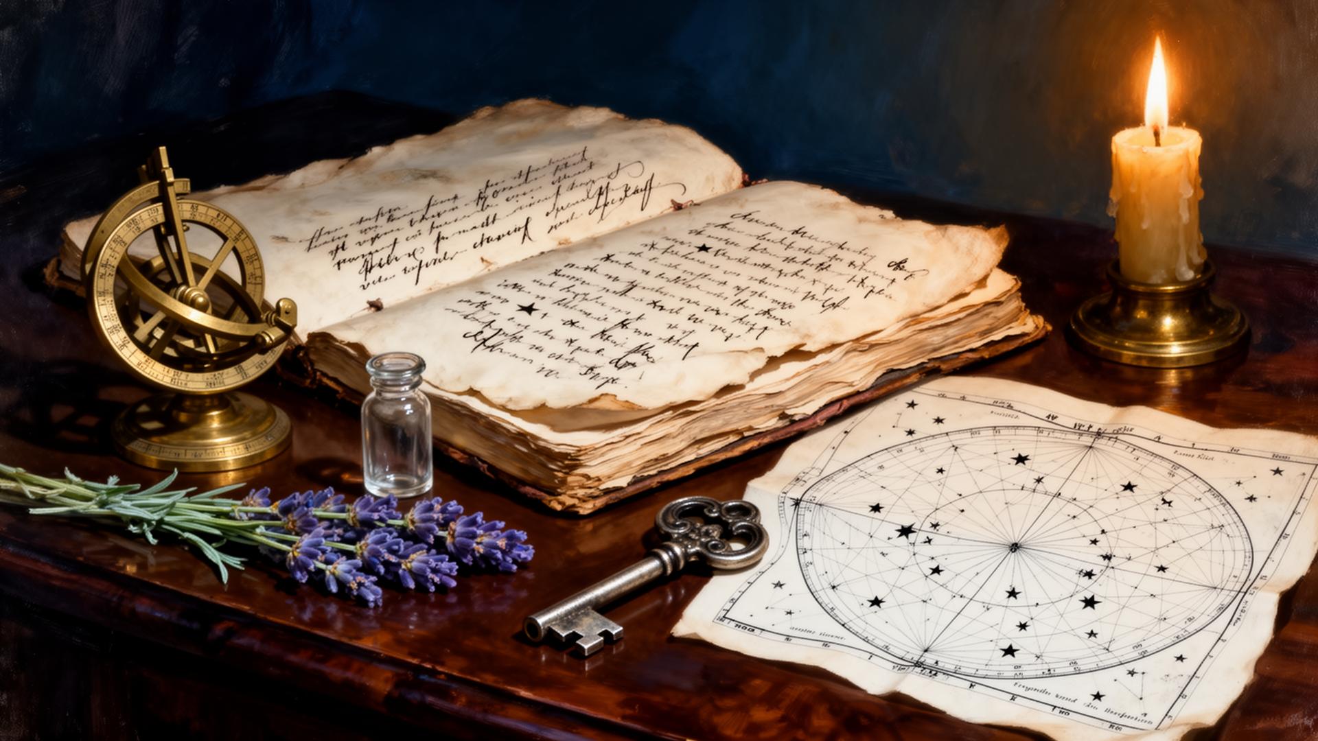 An open dream journal, brass astrolabe, antique star chart, silver key and pressed lavender on a candlelit desk