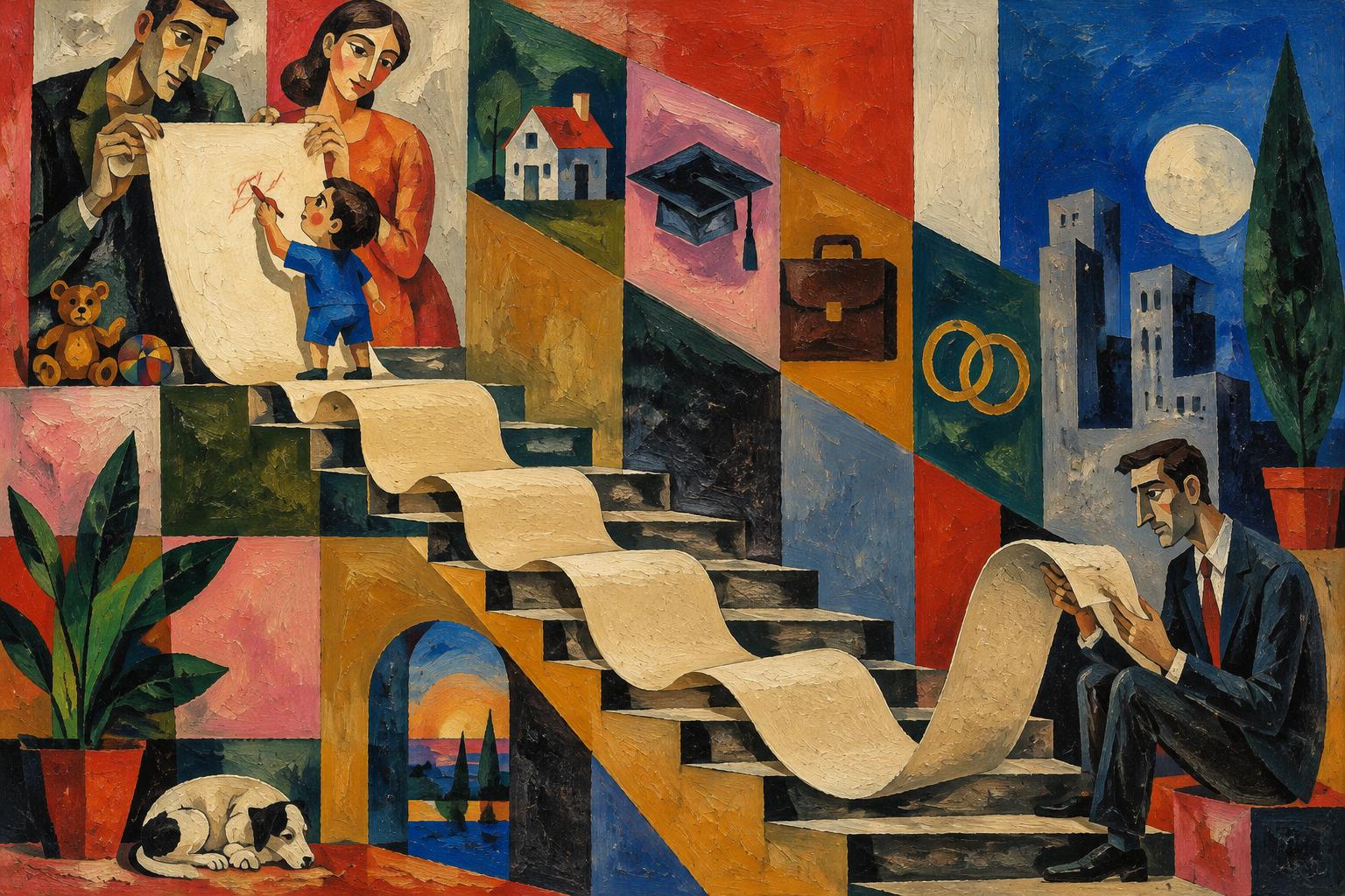 A child draws on a long scroll that unrolls down a staircase to a grown man reading it at the bottom