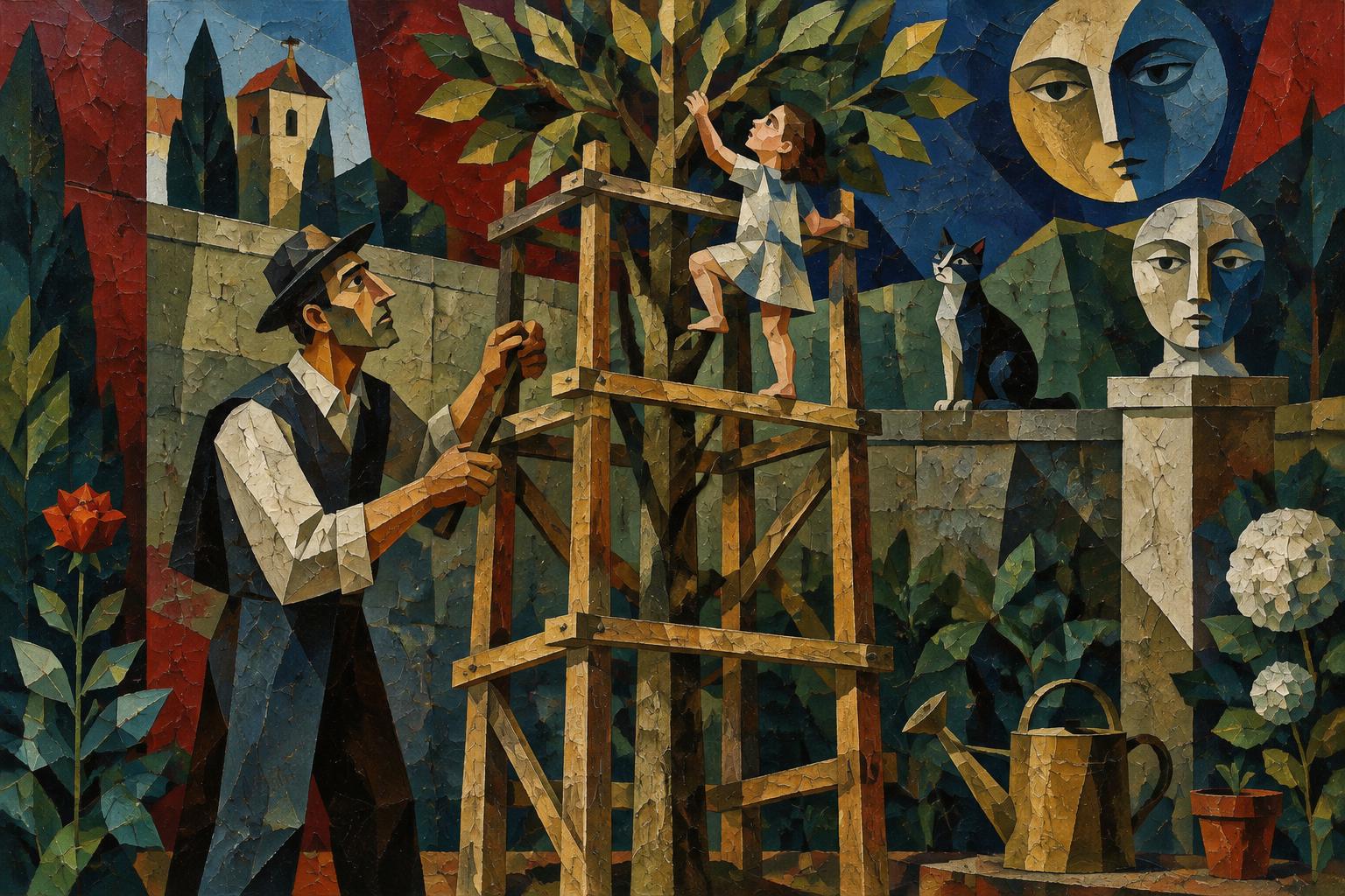 A father steadies a wooden ladder frame while a small child climbs toward the leaves of a young tree