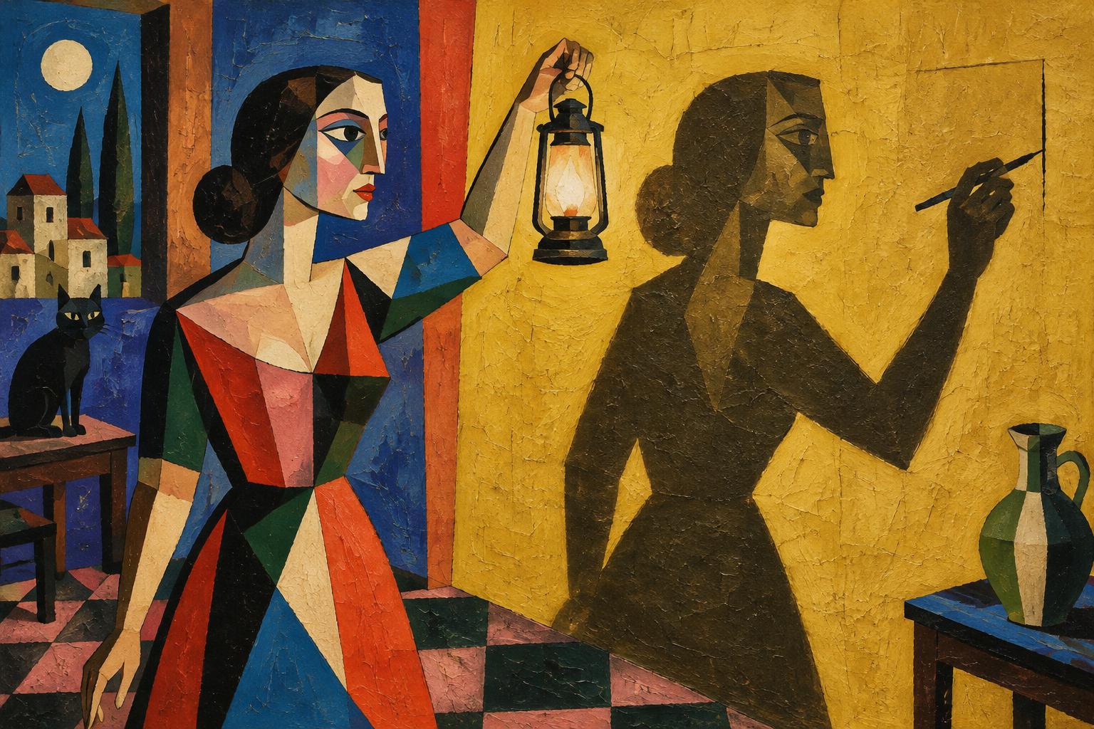 A woman holds a lantern up to her own large shadow, which is quietly writing on the wall beside her