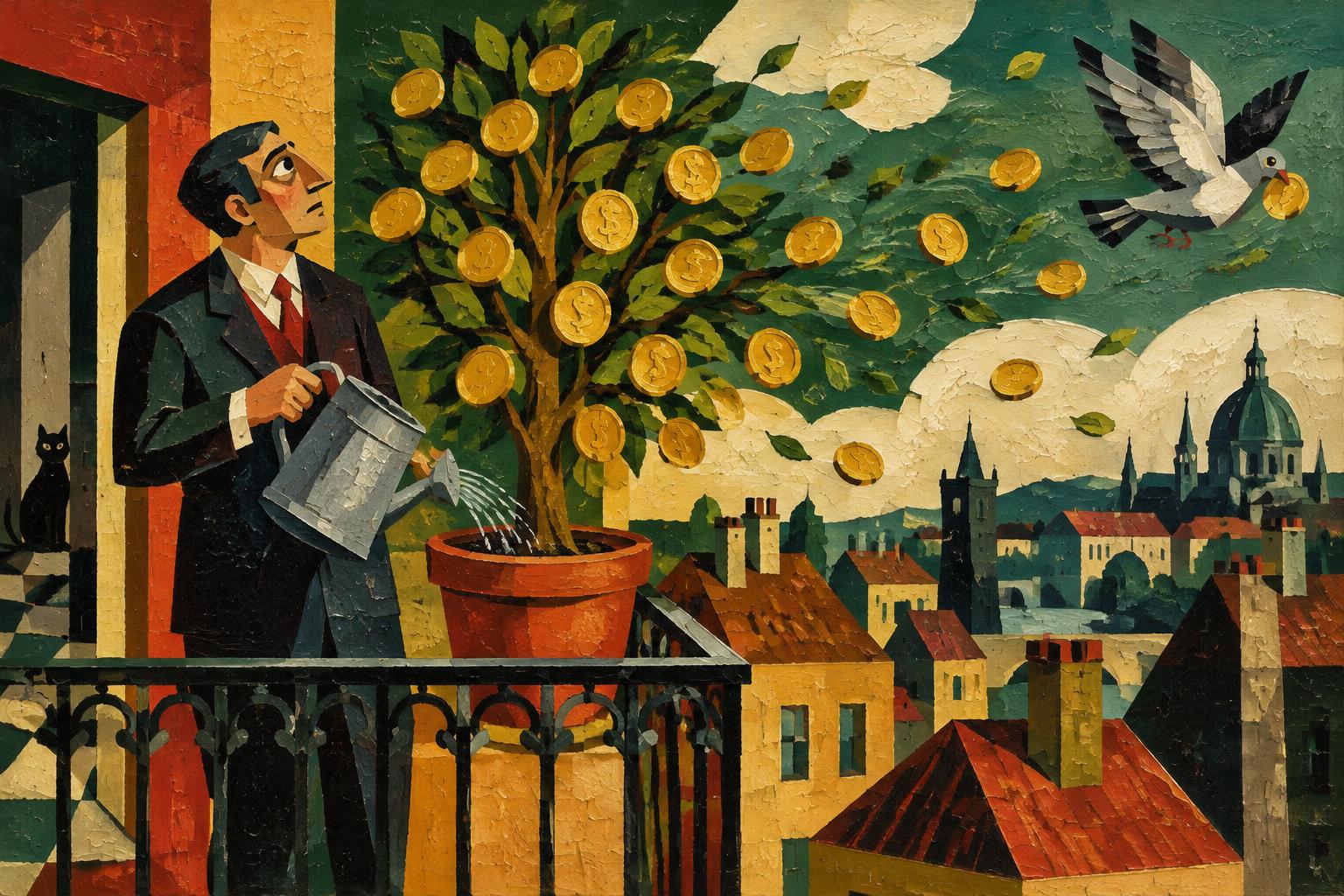 A man waters a potted tree growing gold coins on his balcony above the rooftops