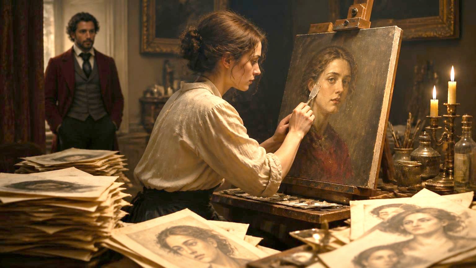 A painter scrapes back a finished passage of a portrait, near-identical discarded studies stacked around her