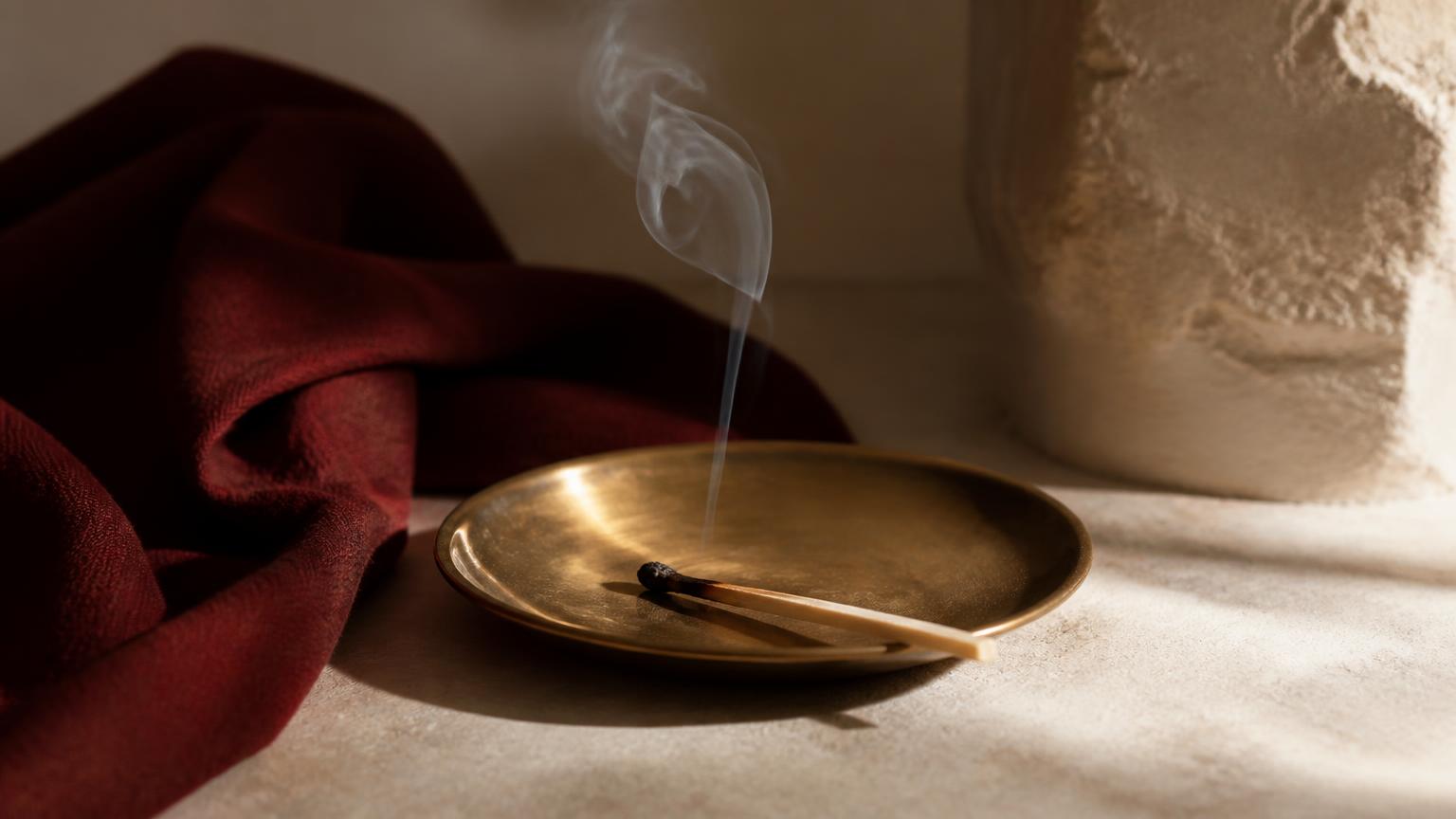 A single spent match in a brass dish, smoke still rising