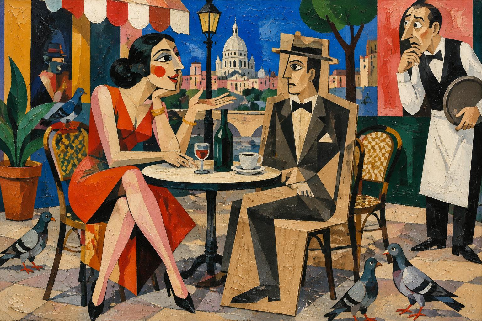 A woman in red talks across a cafe table to a man in grey while a waiter watches, pigeons at their feet