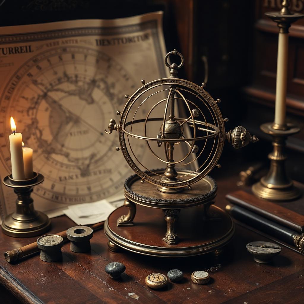 An antique brass orrery on a wooden desk surrounded by old astronomy charts and small stone weights.