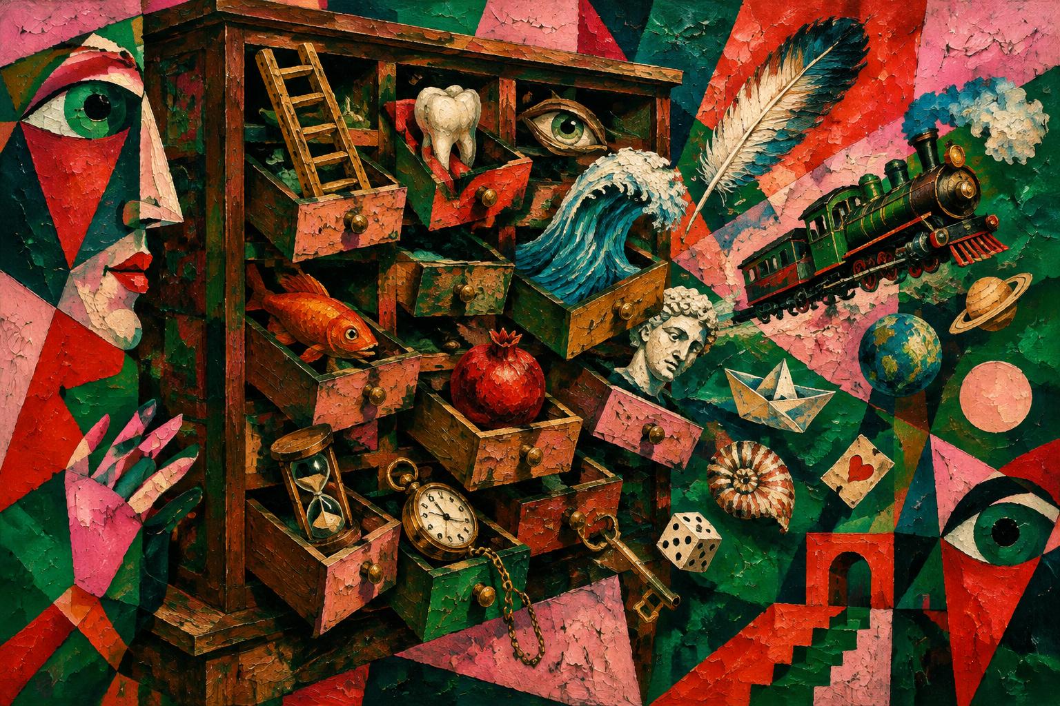 Painting of a cabinet of curiosities spilling dream symbols