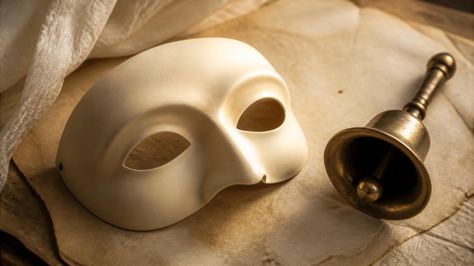 A plain pale half-mask laid on parchment beside a brass handbell