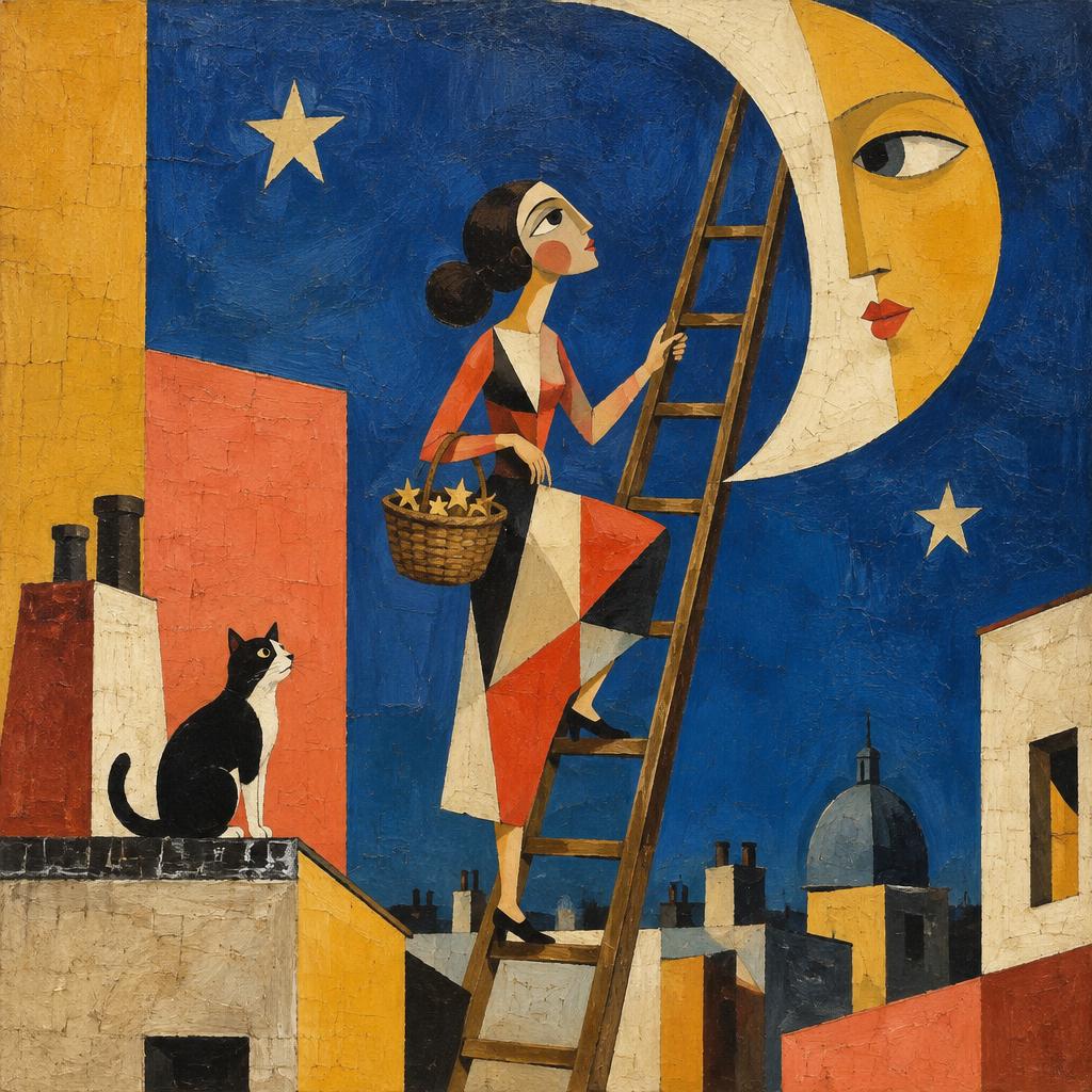 A woman with a basket climbs a ladder from a rooftop toward a crescent moon, a cat watching