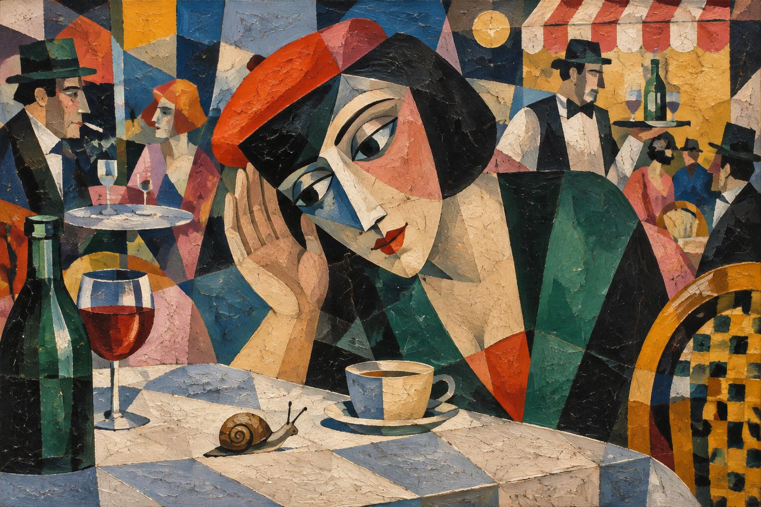 A woman in a red beret rests her head on her hand at a busy cafe table, watching a small snail beside her cup