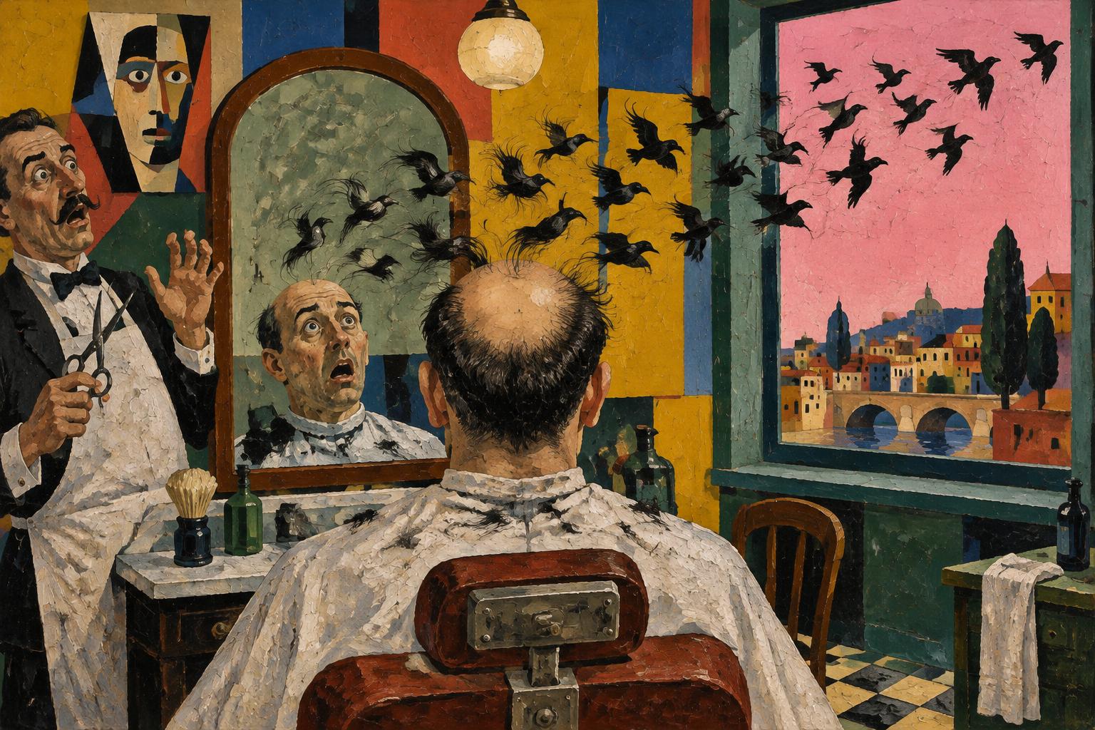 A barber startles as a man's hair flies away as a flock of birds out of the window
