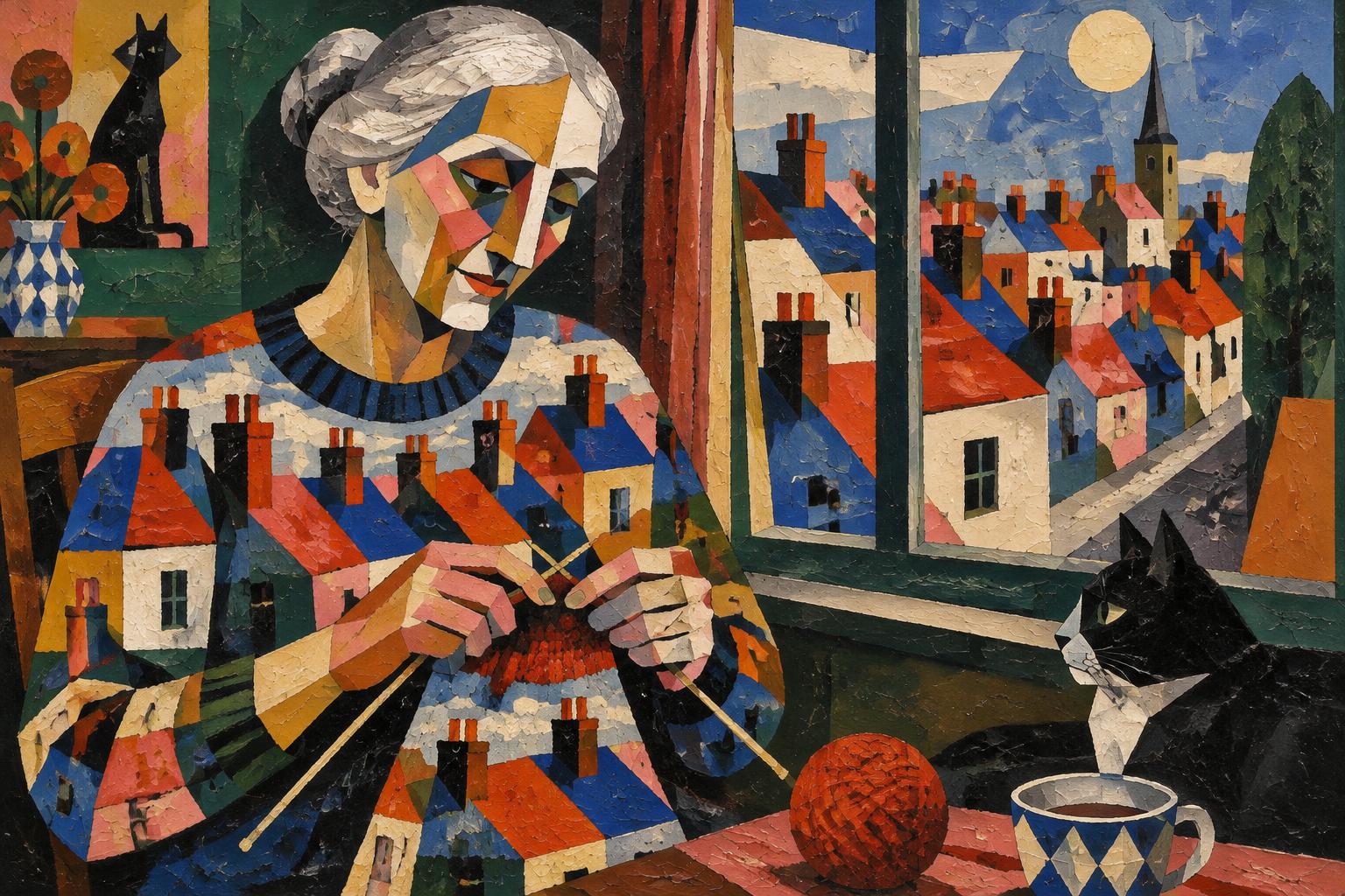 A grey-haired woman knits a jumper patterned with the houses she can see from her window