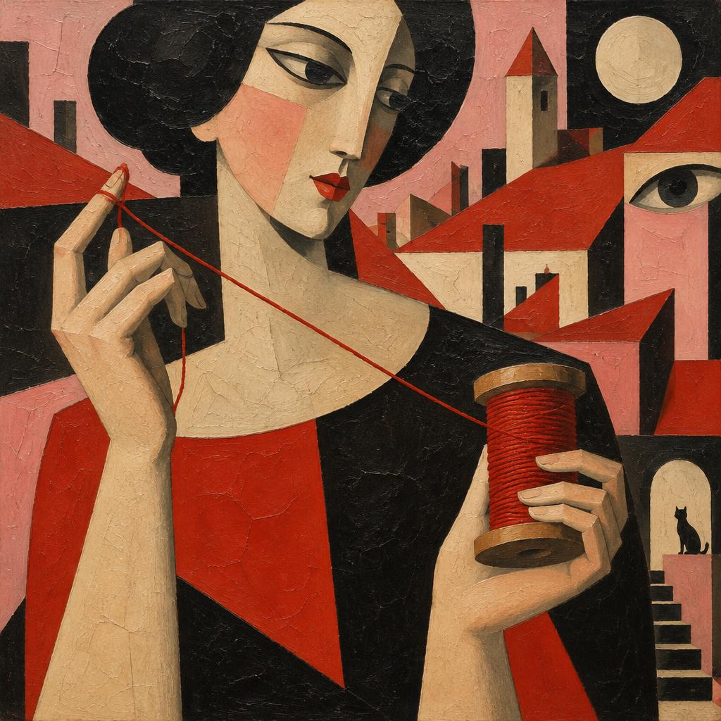 A woman draws a long red thread from a cotton reel against a red and black town