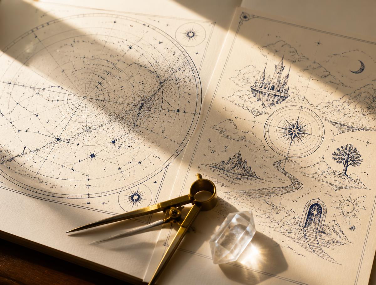 An open notebook and a glass of water on a sunlit table
