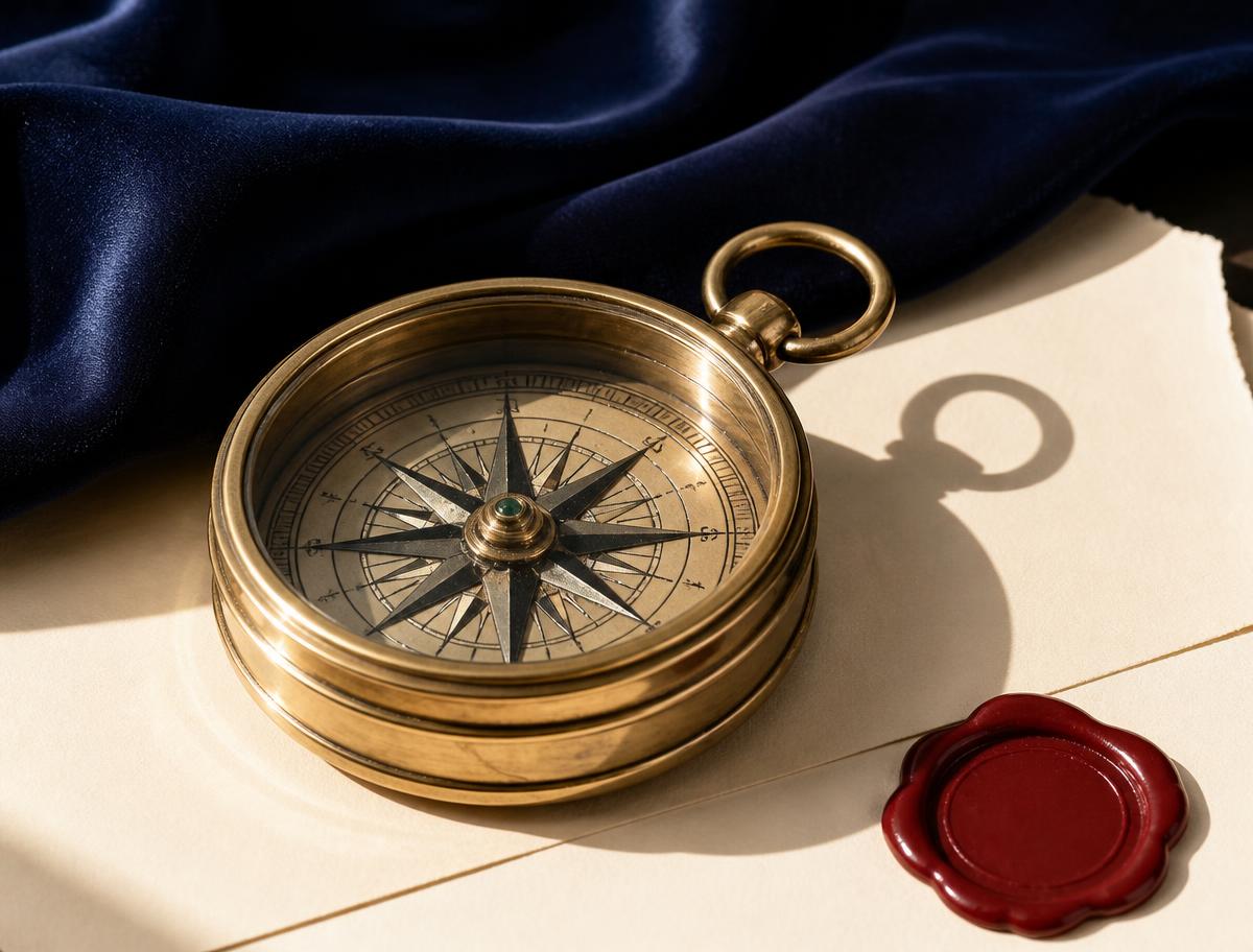 A brass compass resting on cream paper