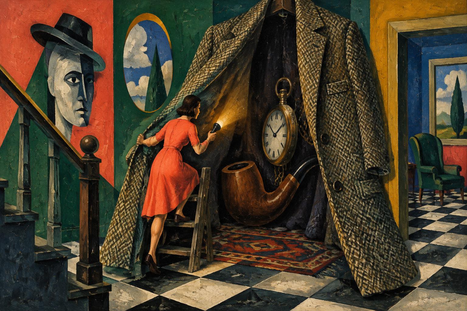 A woman with a torch steps inside a giant tweed overcoat that holds a pocket watch and a pipe