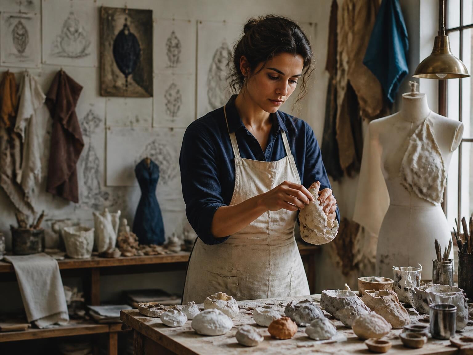 A creative figure works among unfinished materials, showing imagination taking form through effort, vision and persistence