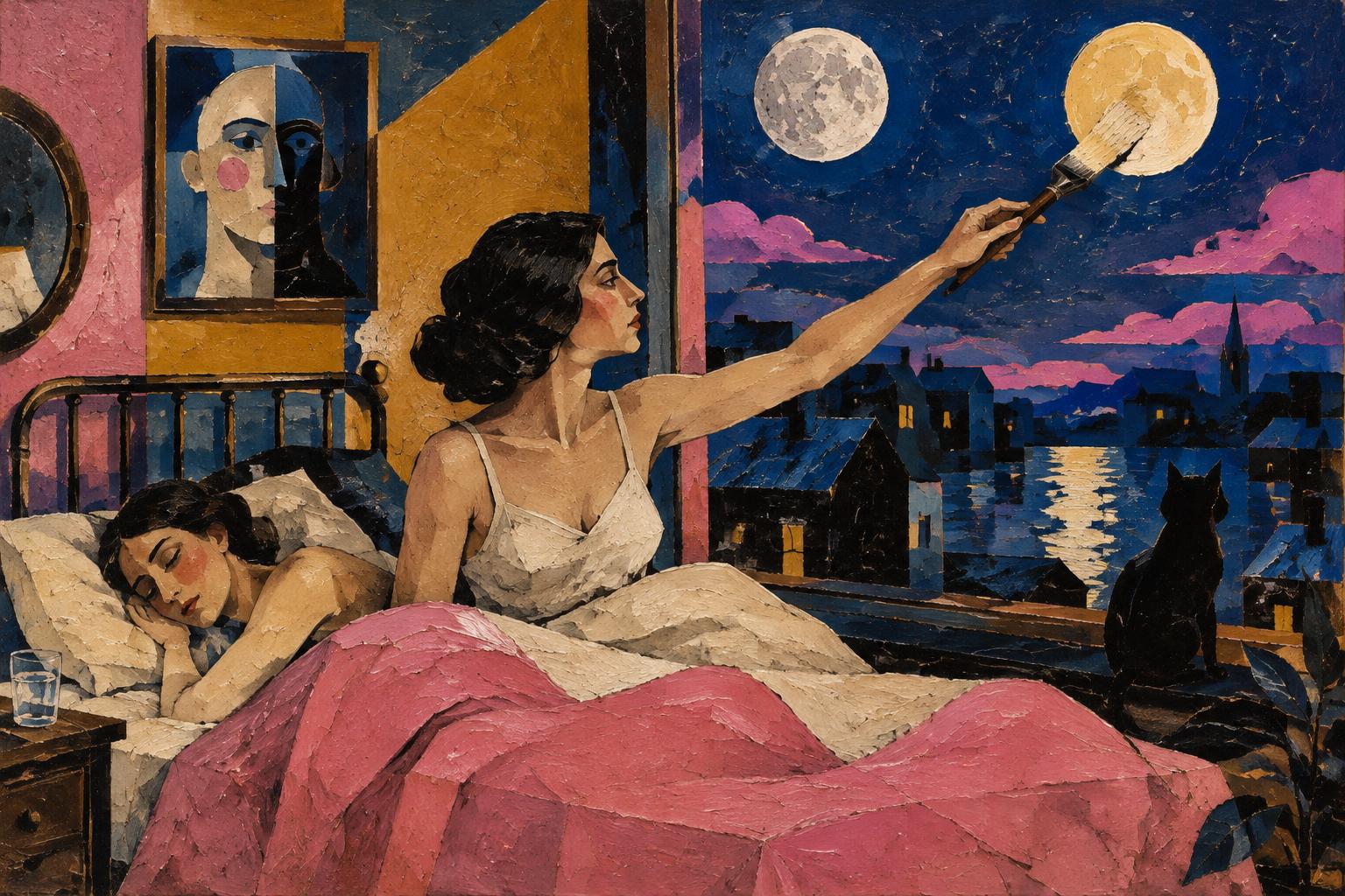 A woman leans out of bed and paints a second moon into the night sky